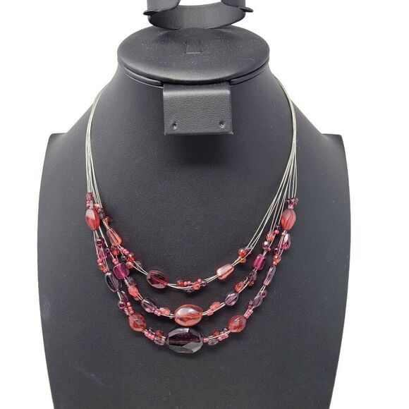 Multi Strand Necklace Maroon Burgundy Beaded Wire Illusion Choker Princess Glam - Picture 8 of 8